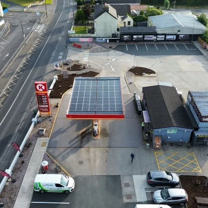 Aerial view of the 78kWp solar panel canopy and Efficient Renewables install at Daly's Circle K, Lifford